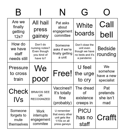 Staff Meeting Bingo Card