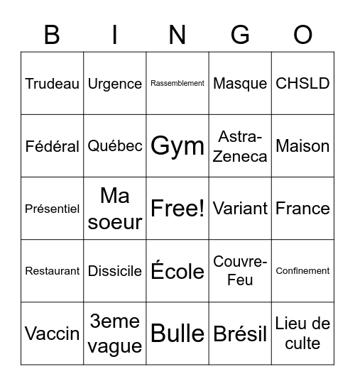 Bingo du Covid Bingo Card