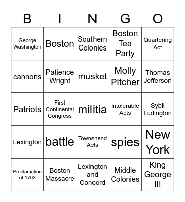 Road to Revolution BINGO Card