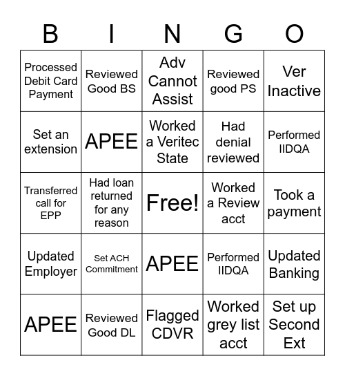 PAYMENTS AND COMMITMENTS Bingo Card