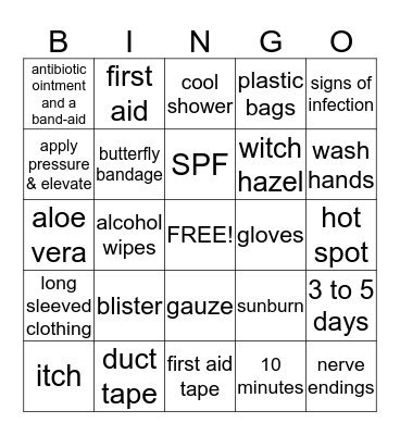 First Aid Bingo Card
