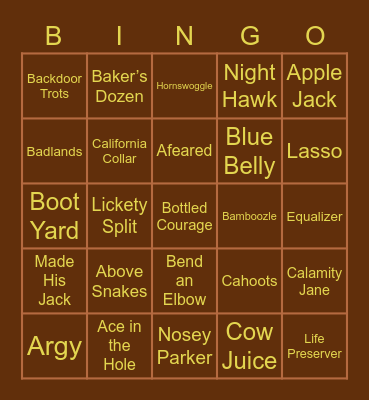 Western Slang Bingo Card