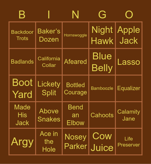 Western Slang Bingo Card