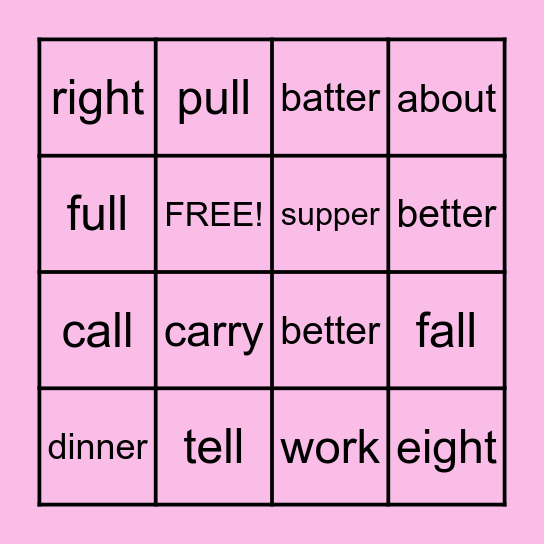 Double Consonants Spelling and sight words Bingo Card