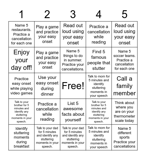 Summer Speech Bingo Card
