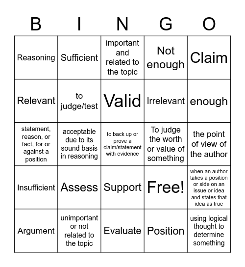 Argumentative Writing Bingo Card