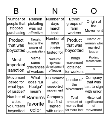 UNITED FARM WORKERS MOVEMENT Bingo Card