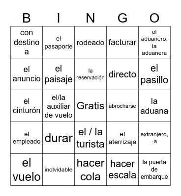 Los viajes y el tiempo de ocio Bingo Card