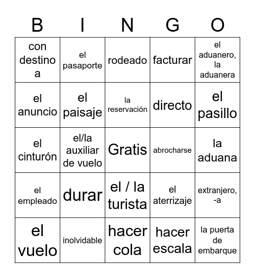 Los viajes y el tiempo de ocio Bingo Card