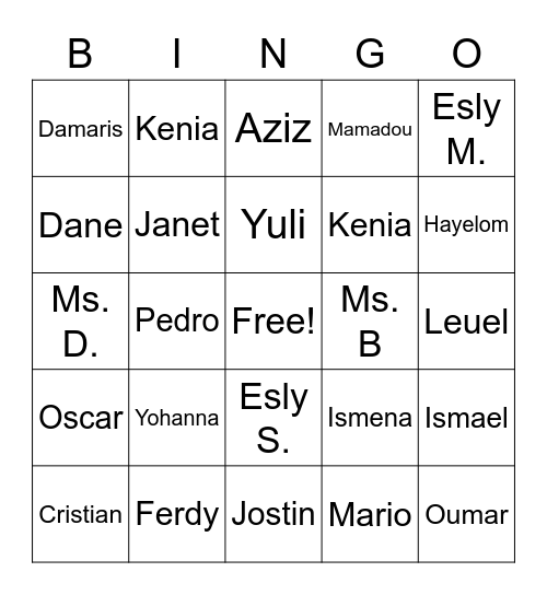 1st Period Bingo Card