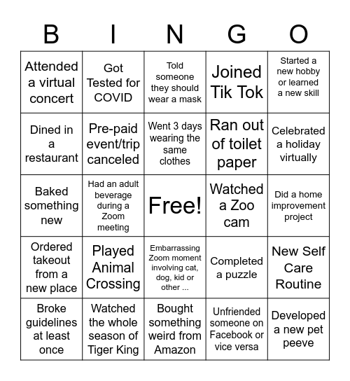 Pandemic Bingo Card