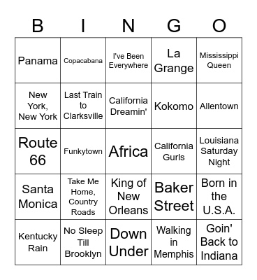 Songs About Places Bingo Card