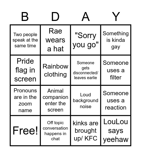 BDay Bash Bingo Card