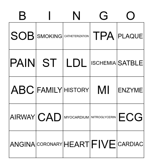 CORONARY ARTERY DISEASE Bingo Card