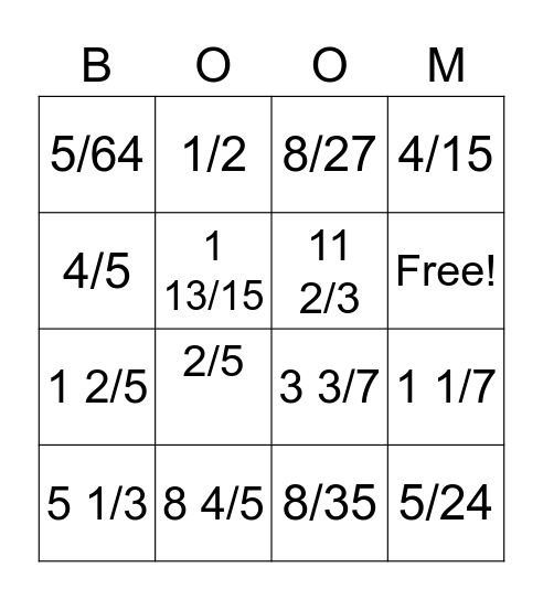 DocMook Multiplying Fractions Bingo Card