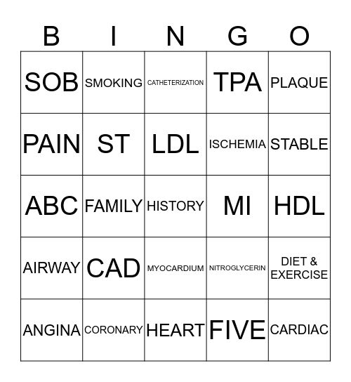 CORONARY ARTERY DISEASE Bingo Card