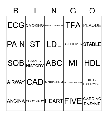 CORONARY ARTERY DISEASE Bingo Card