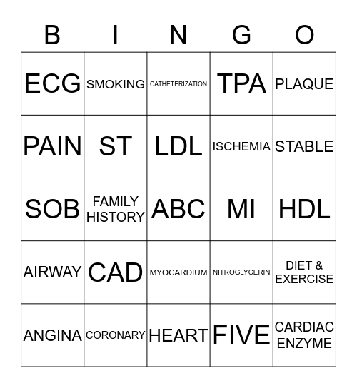 CORONARY ARTERY DISEASE Bingo Card