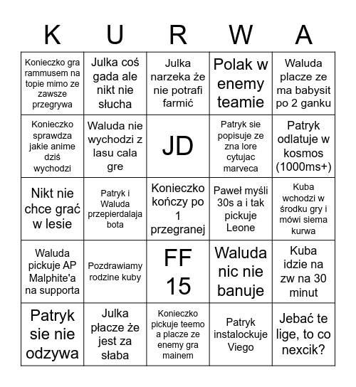 Gramy se w lige Bingo Card