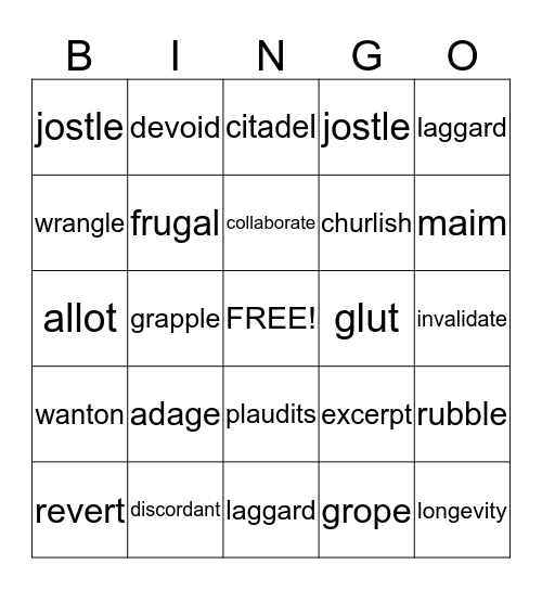 Vocabulary Bingo Card