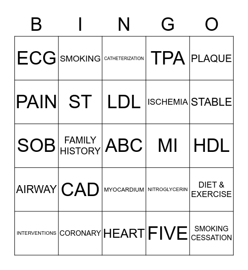 CORONARY ARTERY DISEASE Bingo Card