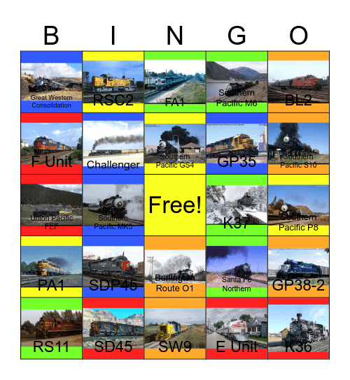 Missouri Pacific, Rio Grande, Southern Pacific, Union Pacific, Burlington Route, Great Western Railway of Colorado, Santa Fe and Rock Island Bingo Card