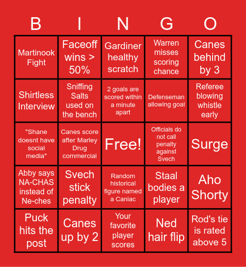 Canes Bingo Card