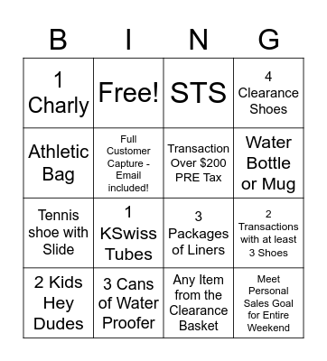 Shoe Sensation Bingo Card