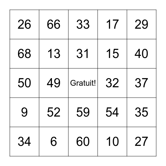 Les Numéros (1 à 69) Bingo Card
