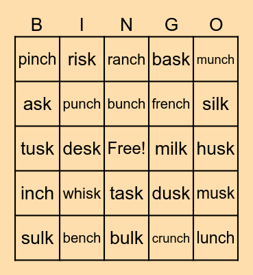 Ending Blends (-sk, -lk, -nch) Bingo Card