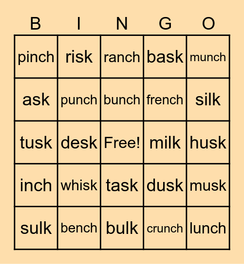 Ending Blends (-sk, -lk, -nch) Bingo Card