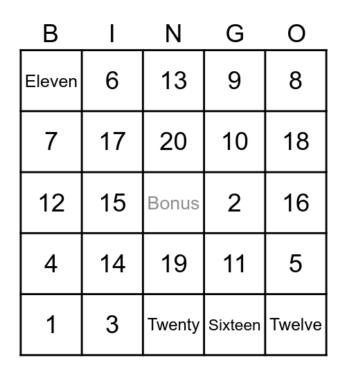 Math: Number Words 1-20 Bingo Card