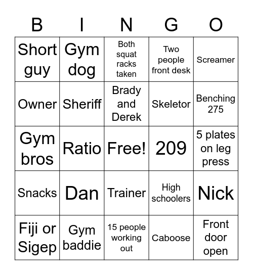 GymOne Bingo Card