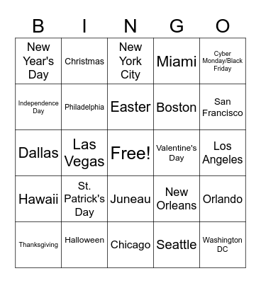 American Holidays and Places to Visit Bingo Card