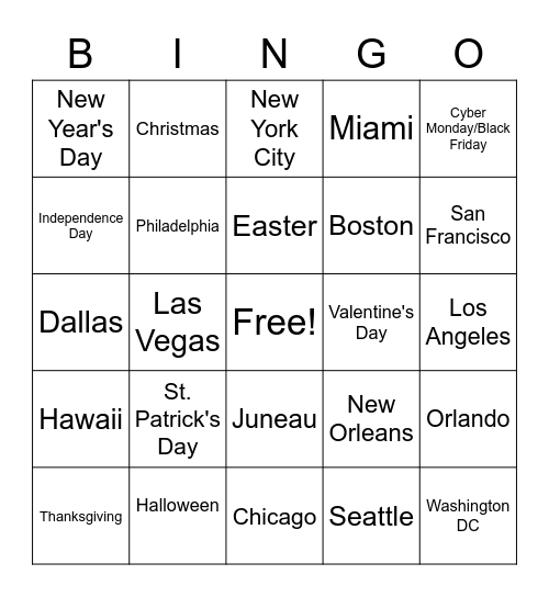 American Holidays and Places to Visit Bingo Card