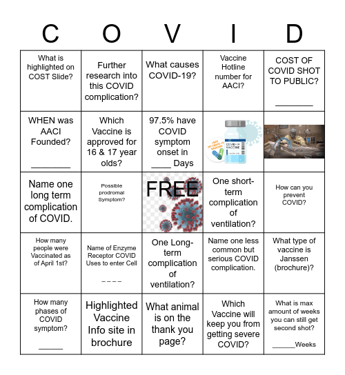 COVID Prevention and Vaccination Bingo Card
