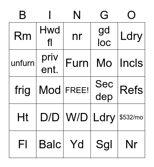 Classified Abbreviations Bingo Card
