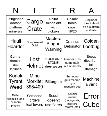 Deep Rock Galactic Bingo Card