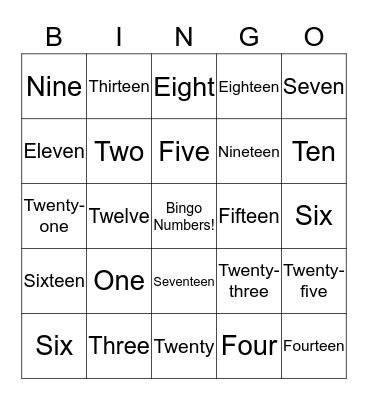 Bingo Numbers  1-25 Bingo Card