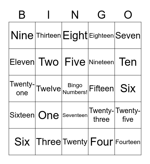 Bingo Numbers  1-25 Bingo Card