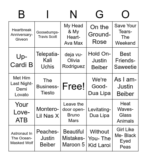 Top Hits Bingo Card