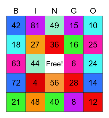 Multiplication Facts Bingo Card