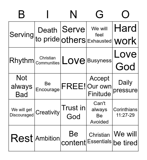 Embracing the Burdens of Busyness Bingo Card
