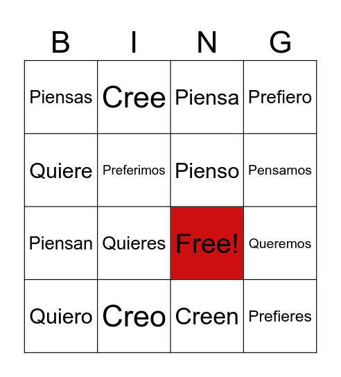 Verbos: Creer, Pensar, Preferir y Querer Bingo Card