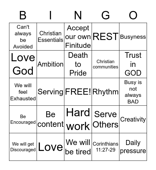 Embracing the Burdens of Busyness Bingo Card