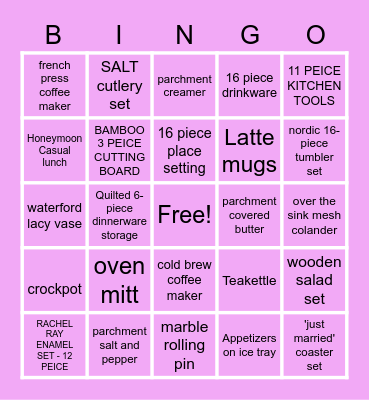 Wedding Gifts Bingo Card