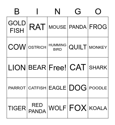 ANIMALS Bingo Card