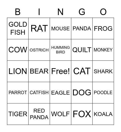 ANIMALS Bingo Card