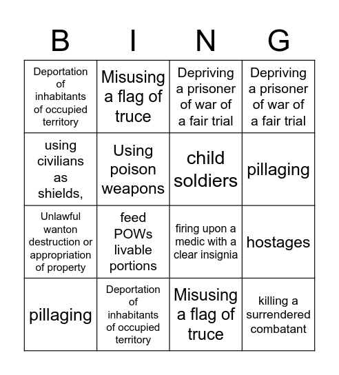 war crime bingo Card