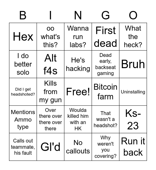 Vanish Bingo Card